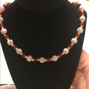 Graffiti glass beads with red glass beads necklace